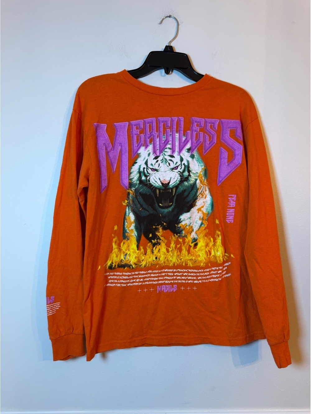 Pacsun Orange 'Merciless' Graphic Long Sleeve Shirt, Size M